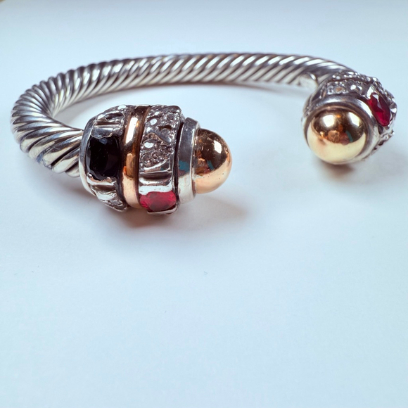 14K Gold Renaissance Ruby & Spinel Cable Cuff Sterling Silver 925 Bracelet - Picture 3 of 11